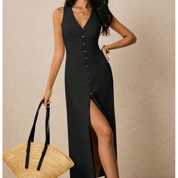 Shein Black Linen Blend Tie Back Button Down Midi Dress XS - Picture 1 of 3